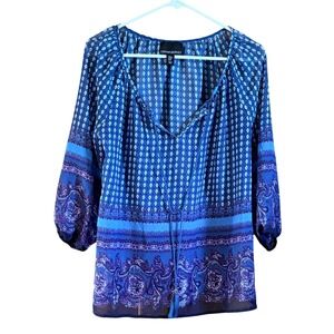 Cynthia Rowley Peasant Blouse Medium Blue Paisley Tassel Excellent Boho Top